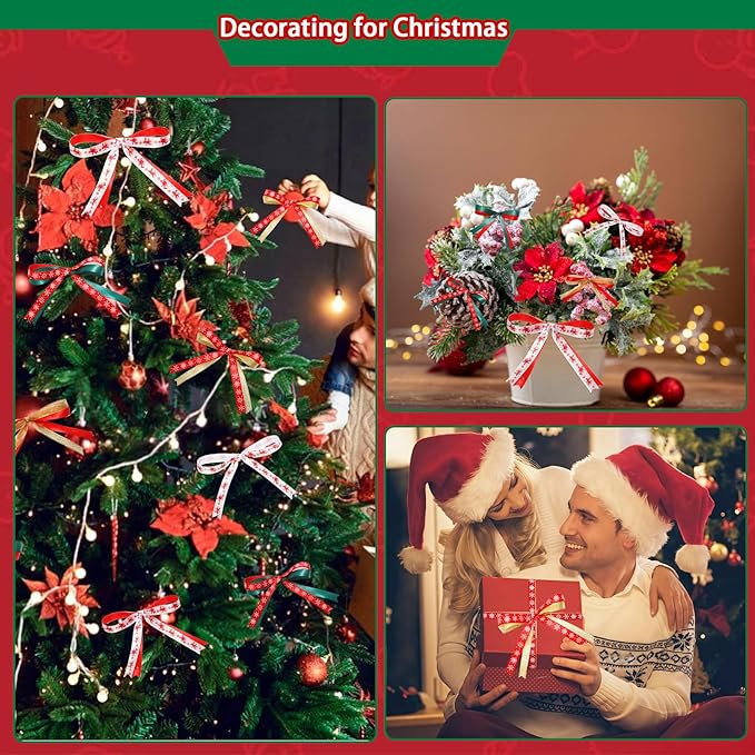6 Rolls Christmas Ribbon for Crafts 3/8 Inch Glitter Fabric Holiday Festival Grosgrain Ribbon for Wrapping Decoration Floral Bows Craft(Gingerbread)