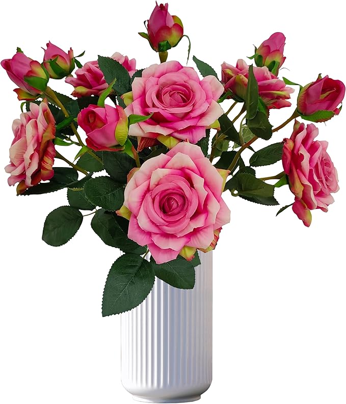 ATFL Pink and Purple Fake Roses Flowers, 6 Pcs Faux Silk Real Touch Moisturizing Artificial Rose Flowers for Decoration DIY Wedding Party Home Office Decoration and Dining Table Centerpiece