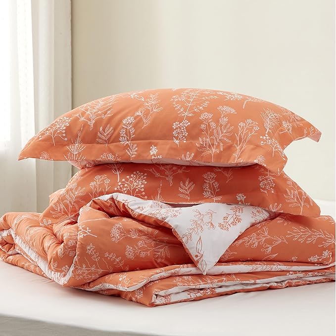 Bedsure King Comforter Set - Coral Orange Bed Set, 3 Pieces Cute Floral Bedding, 1 Soft Reversible Botanical Flowers Comforter and 2 Pillow Shams