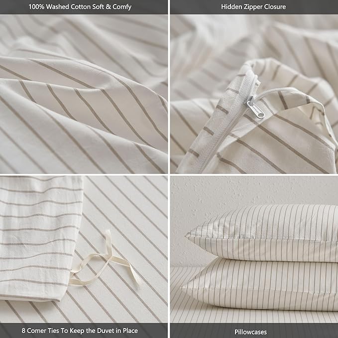 MooMee Striped Duvet Cover Set 100% Washed Cotton Linen Like Textured Breathable Durable Soft Comfy (White Tannish Linen Grey Wide Stripes, Oversized King Plus 128"x120")