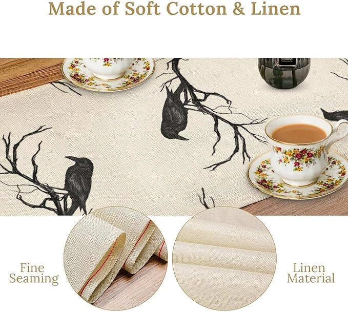 Gothic Table Runner, Black Cat Day of Death Crow Skull Halloween Witchy Retro Coffee Table Center Decor for Home Kitchen Dining Patio Holiday Party Table Decorations 13x90 inches