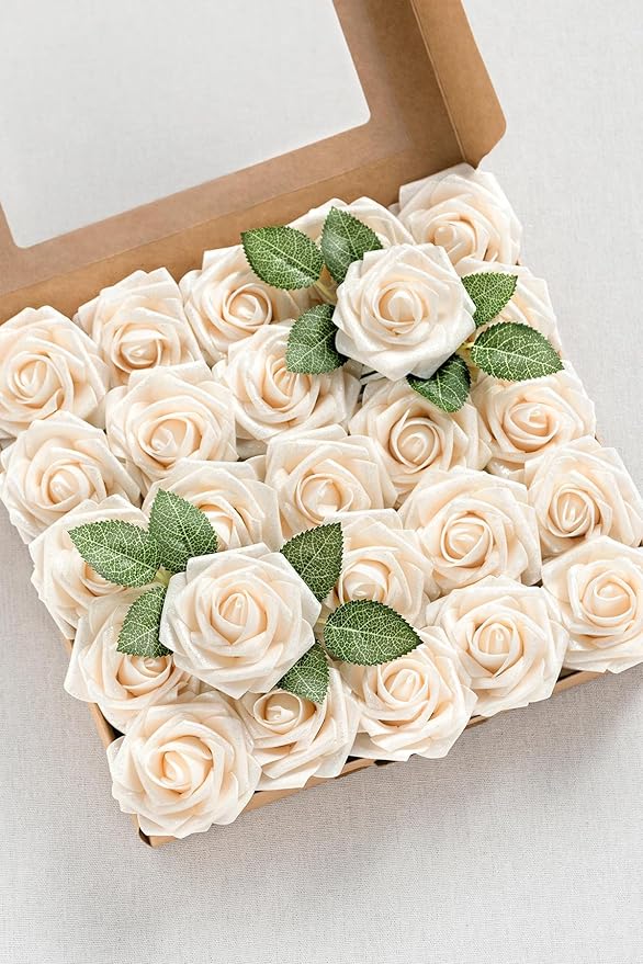 Ling’s Moment Artificial Flowers 25Pcs Glowing Cream Roses Decor w/Stems,3" Real Touch DIY Foam Floral for Wedding Bouquet/Centerpieces, Outdoors Party Backdrop, Room/Table, and Garden/Pot Decorations