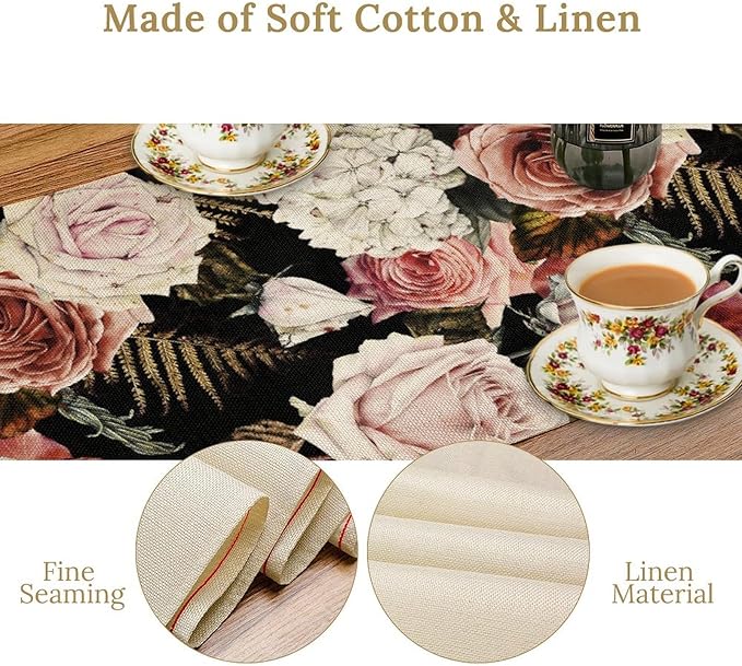 Gothic Flower Table Runner, Vintage Peony Rose Rustic Farmhouse Natural Spring Black Floral Leaves Table Runner for Home Indoor Outdoor Party Wedding Decor, 13x120inch
