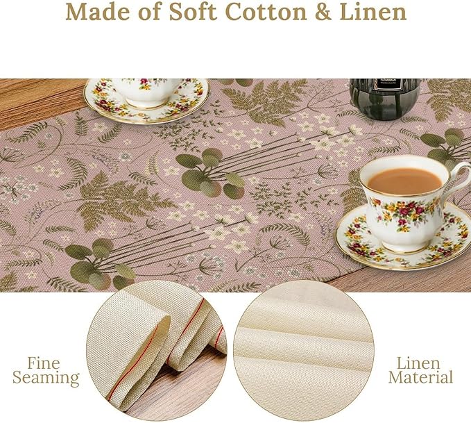 Spring Floral Table Runner, Rustic Retro Field Herbal Plant Purple Pink Wildflower Country Natural Floral Fern Print Table Cover for Indoor Outdoor Dinner Party Decor, 13x108inch