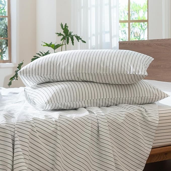 MooMee Striped Duvet Cover Set 100% Washed Cotton Linen Like Textured Breathable Durable Soft Comfy (White Heathered Green Wide Stripes, Alaska King 132"x120")
