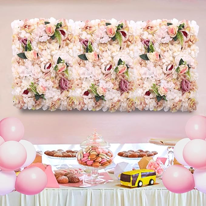Pink Yellow Flower Wall Panels, Artificial Peony Rose Backdrop, 6Pcs 3D Silk Floral Panels for Wedding Decor, Party Background, Home Wall Decoration (40x60cm)