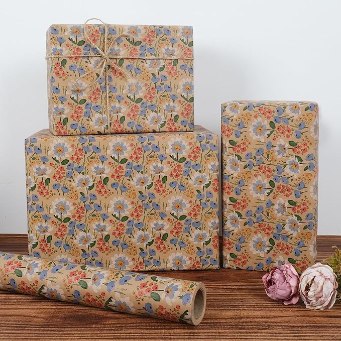 Aimyoo Watercolor Floral Kraft Wrapping Paper Roll, 17 inch x 32.8 ft All Occasion Vintage Flower Gift Wrap for Wedding Birthday Bridal Shower
