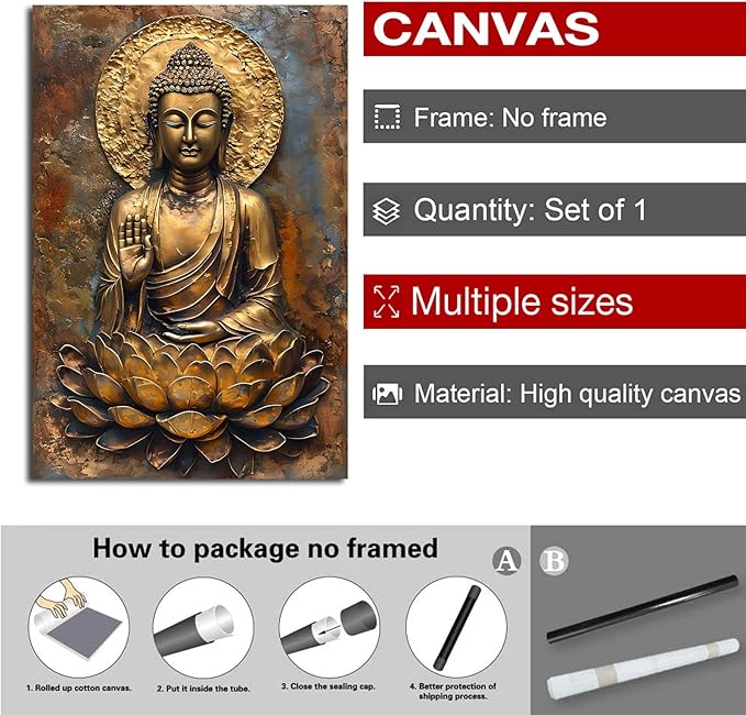 Buddha Wall Art Golden Buddha in Lotus Seat Serene spiritual statue radiant aura Meditation and mindfulness wall art suitable for sacred spaces 32x48in Frameless