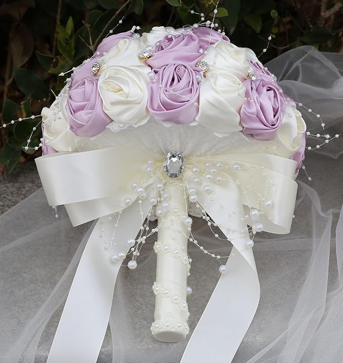 Bridal Wedding Bouquet Round Bling Brooch Bouquet Throw Toss Artificial Rose Flower Bunch for Bride Bridesmaid Wedding Quinceanera(Light Taro Purple & Ivory, 7.5")