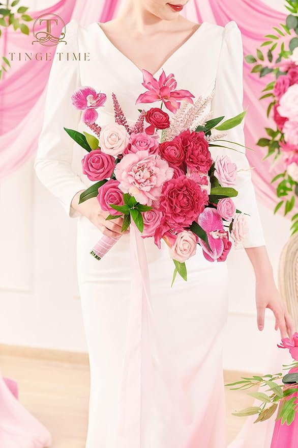TINGE TIME 11 Inch Wedding Bouquets for Bride,HotPink Artificial Flowers Bouquet, Brides & Bridesmaids Bouquet for Wedding Anniversary Ceremony Bridal Shower Decorations