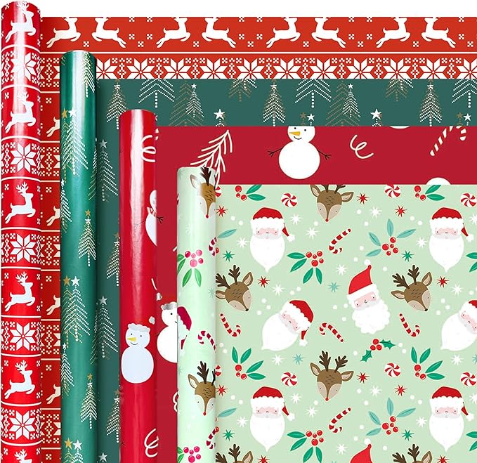 Hexablenzio Christmas Wrapping Paper Bulk Set of 4 Rolls (148 sq. ft. ttl) Santa Claus, Reindeer, Christmas Tree, Snowman Patterns for Holiday Gift Wrap - 30 inches x 14.8 feet Per Roll