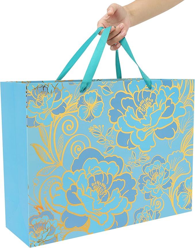 16.5” Extra Large Rose Green Gift Bag Set with Handles, Greeting Card, Tissue Papers and Stickers for Women Girls for Birthday, Wedding, Valentine's Day and Mother’s Day, Foil Traced Flowers Design, 1 Pcs