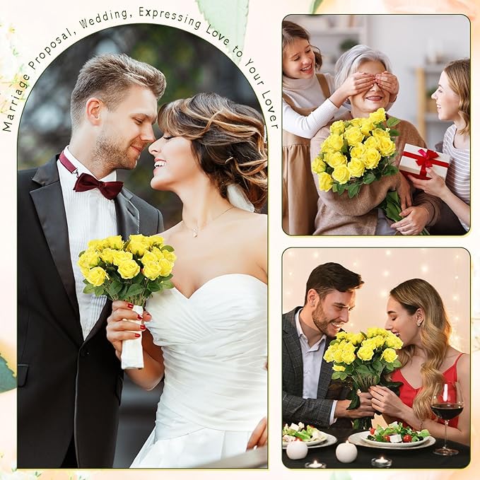 Hotop 40 Pcs Rose Artificial Flowers Bulk with Long Stem,Realistic Silk Fake Roses Bouquet for Home Wedding Centerpieces Party Table Decoration Valentines Gifts(Yellow)
