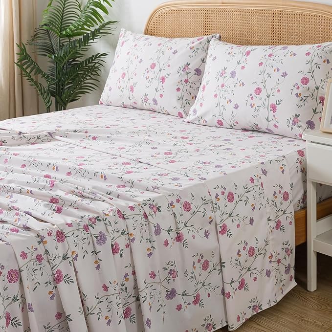 Zusbest California Sheets, Soft 100% Cotton Pink & Off White Floral Bed Sheets Shabby Vintage Chic Purple Flower Printed Sheets Breathable 4 Piece Deep Pocket 17.5‘’(Cal King,Rosy)