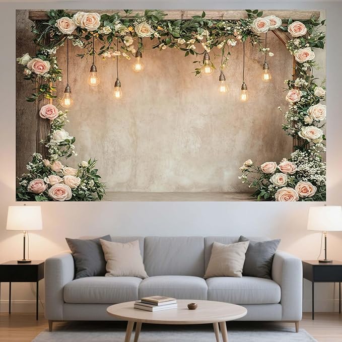 12x10ft Country Wedding Photography Backdrop Floral Rustic Roses Farmhouse Wooden Door Backdrop Pink Flower Birthday Baby Shower Wedding Bridal Party Banner Photo Booth Props Anniversary Background