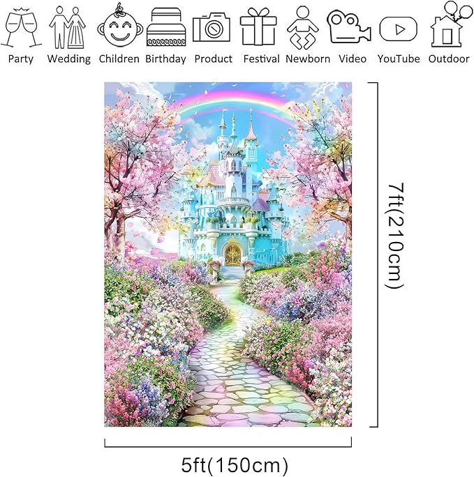 Riyidecor Princess Castle Backdrop Spring Pink Sakura Rainbow Colorful Floral 5Wx7H Feet Fairy Tale Wonderland Photography Background bridal shower wedding birthday Photo Studio Shoot Polyester Fabric