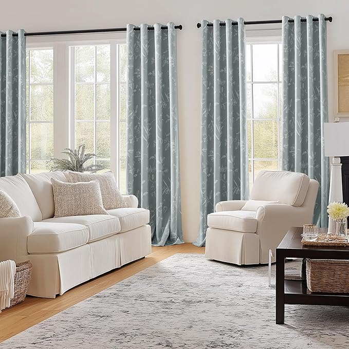 ChrisDowa Grey 100% Blackout Floral Curtains 63 Inches Long 2 Panels for Bedroom Living Room White Flower Patterned Room Darkening Thermal Insulated Soundproof Grommet Window Treatments Drapes,52X63