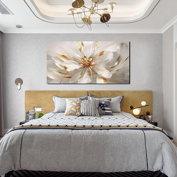 Flower Pictures Wall Decor for Office Women White and Gold Wall Art Girl Room Decoration Bedroom 24 x 48 Inch