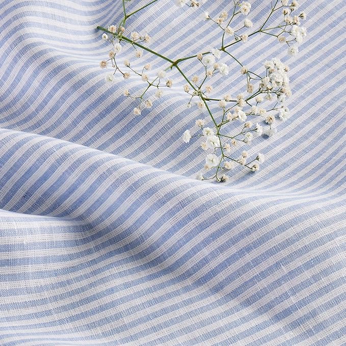 Solino Home Linen Striped Table Runner 36 Inches - Narrow Stripe, 100% Pure Linen Cornflower Blue and White Small Table Runner 14 x 36 Inch Ideal for Dresser and Coffee Tables - Winter, Spring, Easter