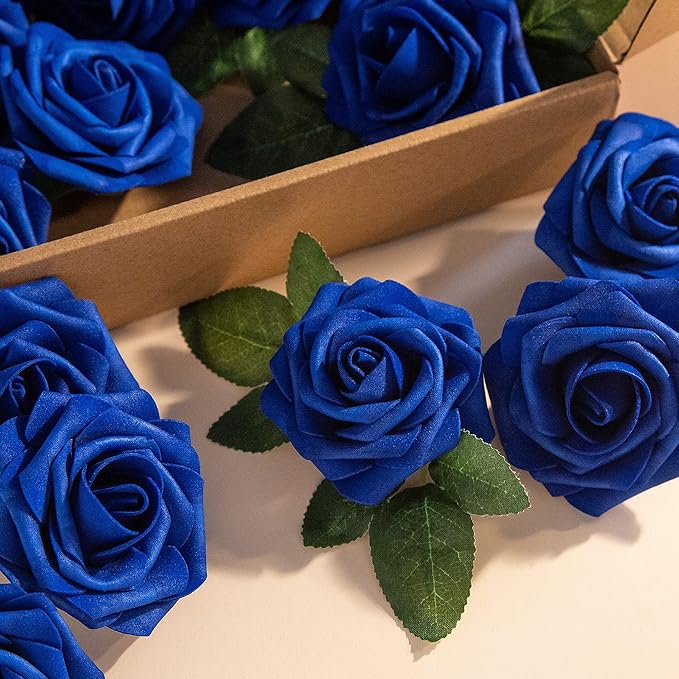 Artificial Flower Foam Rose 25pcs Real Looking Fake Rose with Stems Leaves for Home Decoration Party Garden Centerpieces DIY Wedding Bouquets(Royal Blue)