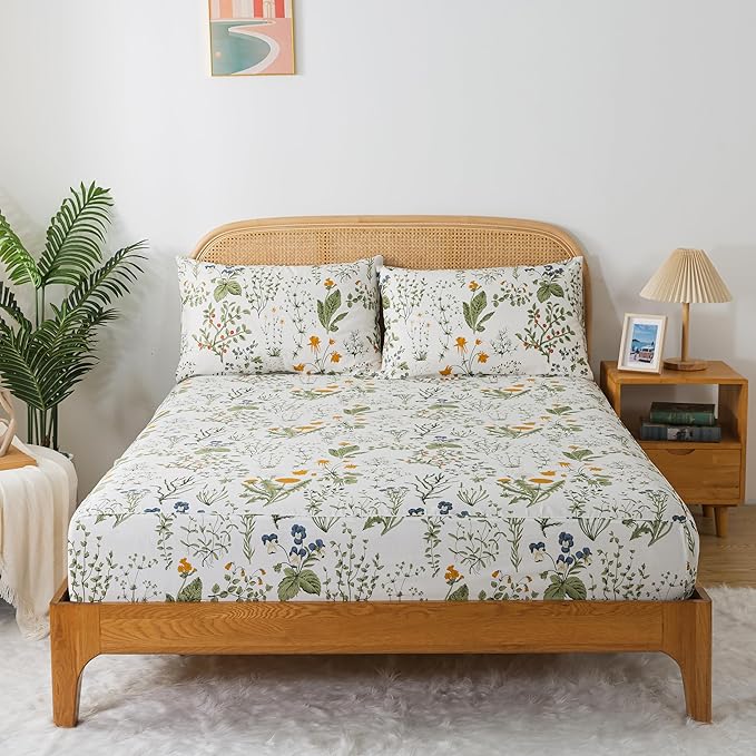 Zusbest California King Size Sheet Sets 100% Percale Cotton Green Floral Bed Sheets Yellow Flower & Green Leaves Botanical Pattern Garden Crisp Soft Deep Pocket Fitted Sheet 17.5'' 4Pcs, Cal King