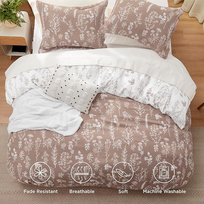 Bedsure Duvet Cover Queen Size - Reversible Light Taupe Queen Duvet Cover Set with Zipper Closure, 3 Pieces Floral Patterned Bedding Set with 8 Corner Ties and 2 Pillow Shams