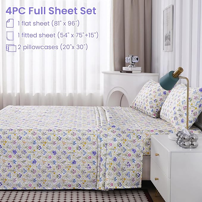 Softan Floral Full Sheet Set, 4-Piece Microfiber Printed Fitted Sheet with 15" Deep Pockets & Non-Slip Straps, Multi Flower Patterned Double Bedding Sheets & Pillowcase Set