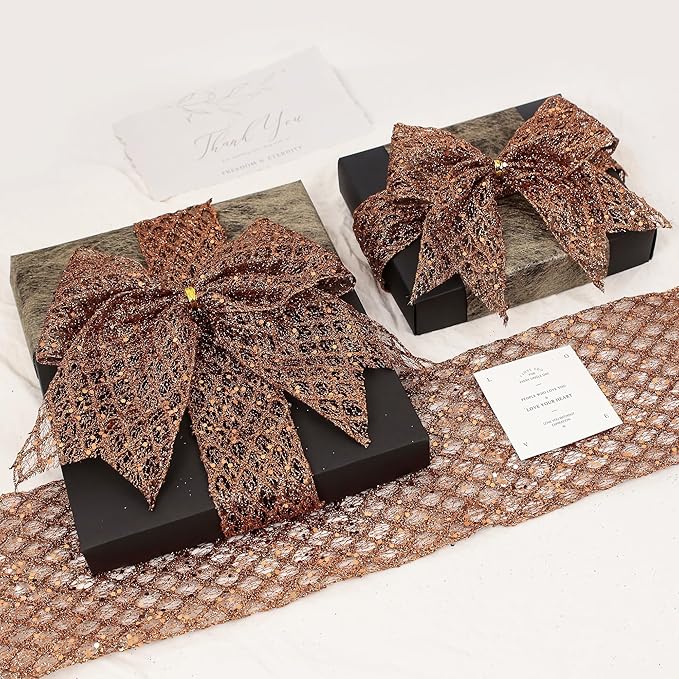 VATIN 4" Copper Christmas Ribbon, Copper Glitter Mesh Diamond Web Sequin Dots Wired Christmas Ribbon for Gift Wrapping Bow Making Wreath Supply-10 Yards