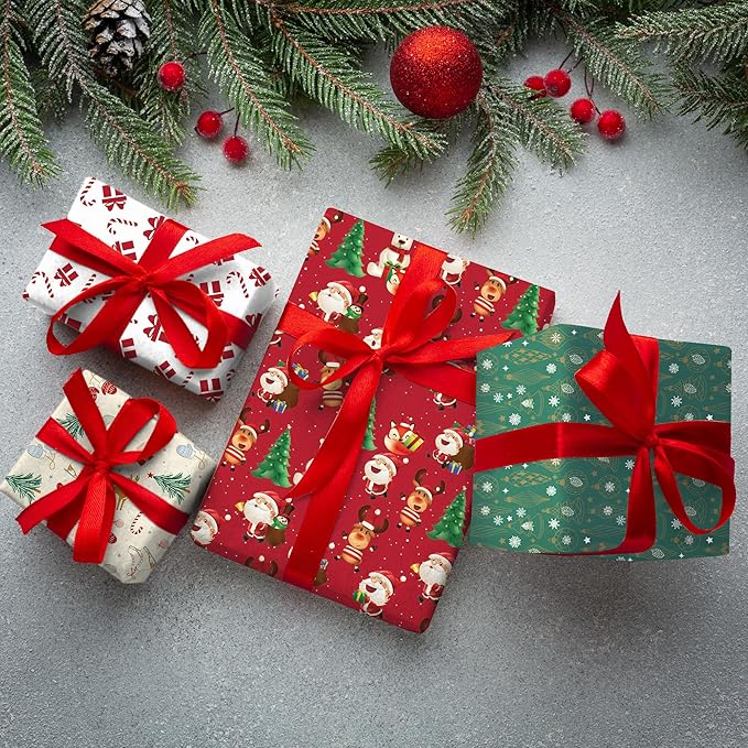 4 Rolls Christmas Wrapping Paper, 17 Inch x 16.5 Feet per Roll, Totaling 94 sq. ft. – Teal Ornaments, Cream Reindeer Mittens & Skates, Red Santa with Trees, White Gifts & Candy Canes – Eco-Friendly Durable Coated Paper Gift Wrap