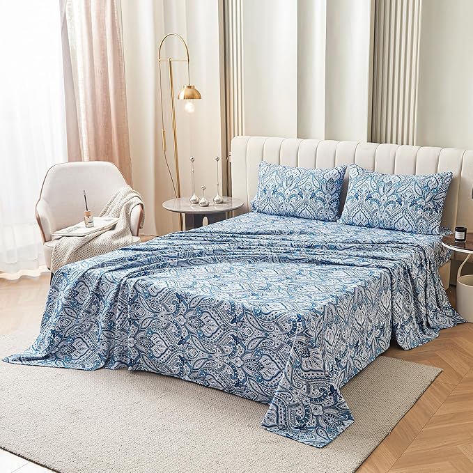 Softan Blue Twin Size Sheet Set, Paisley Printed Bed Sheets for Single Bed, 3-Piece Microfiber Fitted Sheet with 15" Deep Pocket & Non-Slip Straps, Patterned Bedding Sheets & Pillowcase Set
