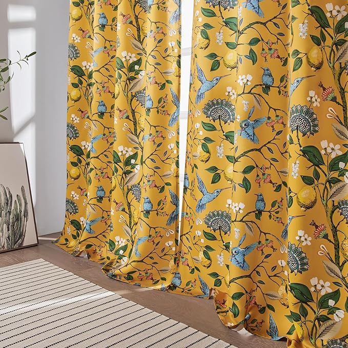 Mustard Yellow Curtains for Living Room Bedroom, Aesthetic Unique Rustic Pinch Pleated Drapes Cottagecore Floral Flower Printed Modern Farmhouse Window Treatment 63 Inch Length 2 Panels