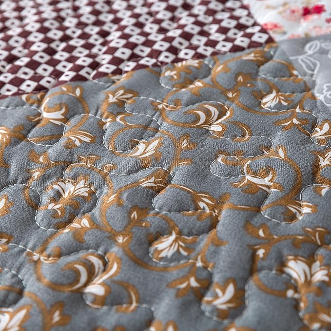 HoneiLife Quilt Set Twin Size - 2 Piece Microfiber Quilts Reversible Bedspreads Patchwork Coverlets Floral Bedding Set All Season Quilts with Geometric and Little Rose Print Pattern,Grey