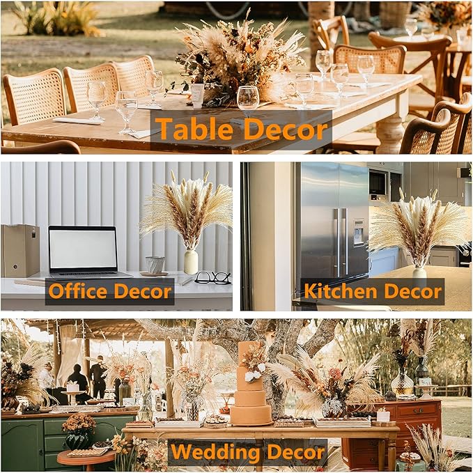 200 PCS Small Boho Pampas Grass, 17" Naturally Dried Pompas, Pampas Grass Decor for Wedding , Boho Party Decorations, Table Decor(Brown and White)