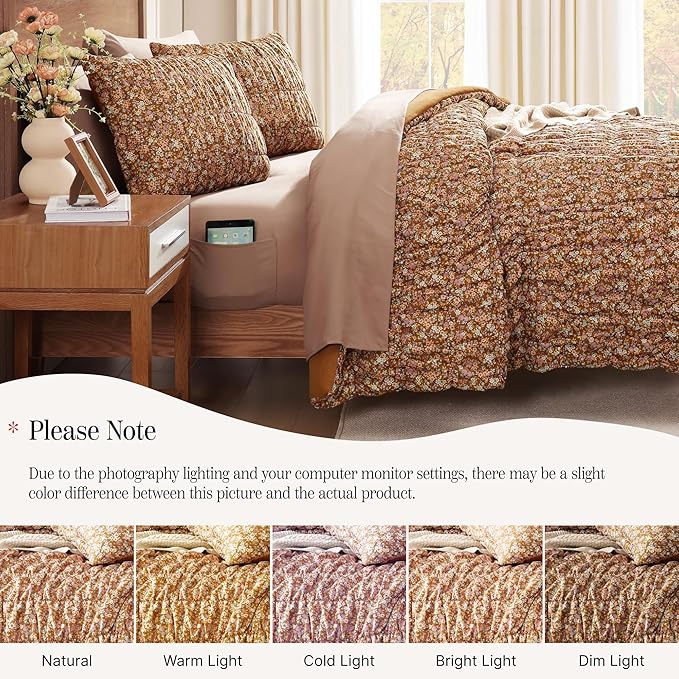 Queen Comforter Set-7 Pieces Brown Classic Puff Floral Bedding Sets for All Seasons,Shabby Chic Farmhouse Bed in a Bag Queen with Wildflowers Comforter,Sheets, Pillowcases & Shams