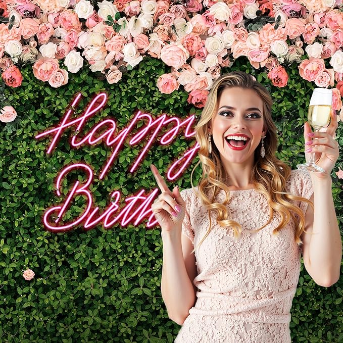 Riyidecor Happy Birthday Backdrop for Women,Girls Flower Wall Pink Rose,Green Leaves Floral Blossom Botanical Plant Nature 7Wx5H Feet Photography Background 30 Birthday Photo Studio Shoot Fabric