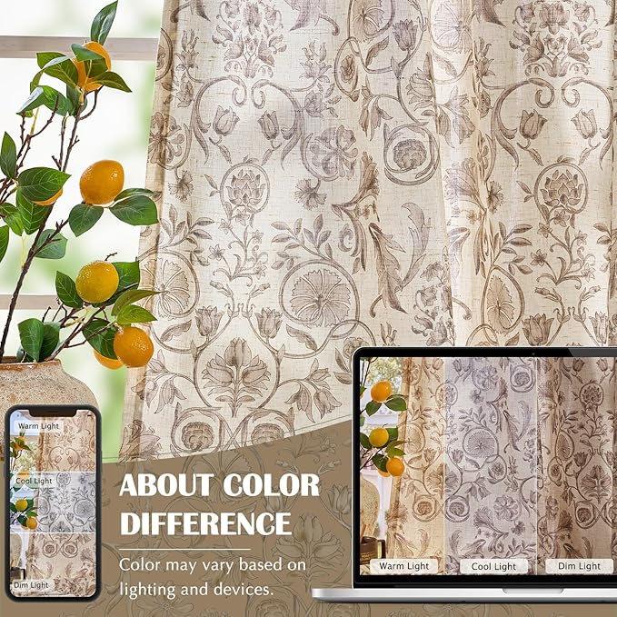 jinchan Linen Floral Curtains for Living Room with Printed Flower 84 Inches Long Light Filtering Farmhouse Window Treatment Vintage Drapes Back Tab Rod Pocket 2 Panels Taupe on Beige