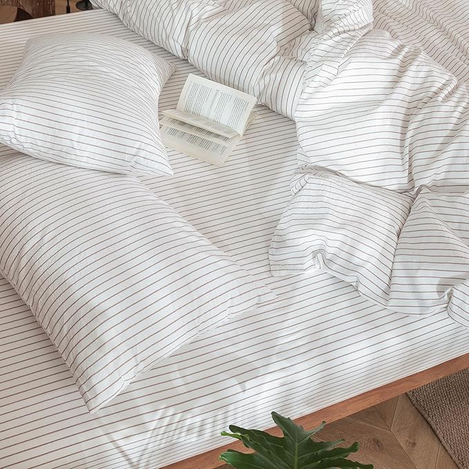 MooMee Striped Duvet Cover Set 100% Washed Cotton Linen Like Textured Breathable Durable Soft Comfy (White Orange Wide Stripes, Palatial King/Oversized King 120"x98")