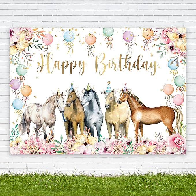 Riyidecor Horse Happy Birthday Backdrop Watercolor Hat Floral Plants Western Cowgirl 7Wx5H Feet Polyester Fabric Modern Balloons Photography Background Cool Table Decor Banner Studio Photo Shoot