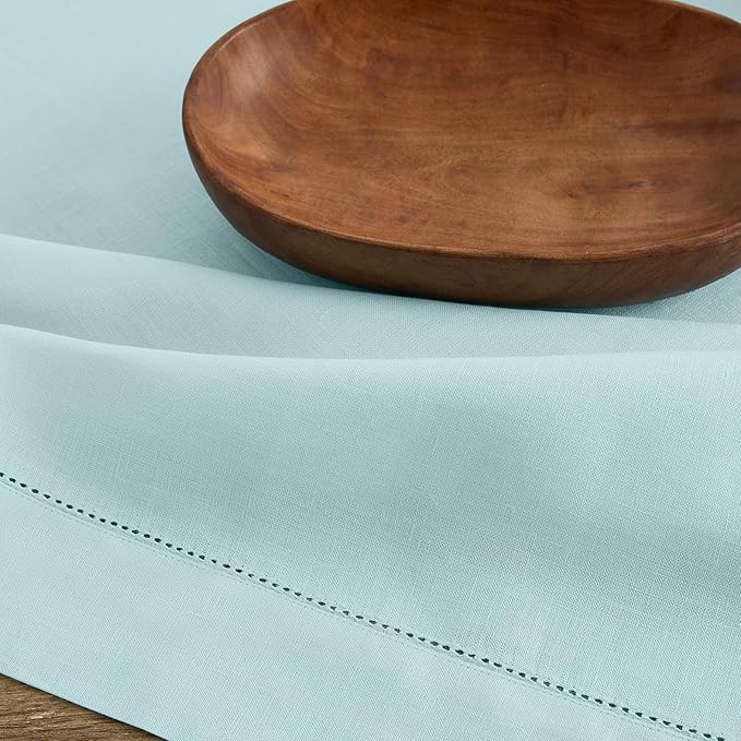 Solino Home Linen Aqua Blue Table Runner 120 Inches Long - 100% Pure Linen Hemstitch 14 x 120 Inch Table Runner for Dining, Spring, Easter, Winter - Classic Hemstitch