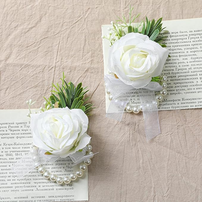 2pcs Wedding White Rose Wrist Flowers Artificial Rose Flowers for Ceremony Prom Party Accessories (2 Wrist Corsage White)