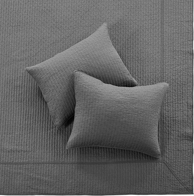 Levtex Home Cross Stitch Reversible King Bedspread Set (120x104in) with 2 Pillow Shams (36x20in) - Stitch Texture - Charcoal - Cotton King Size Bedspread Set - Soft, Pre-Washed