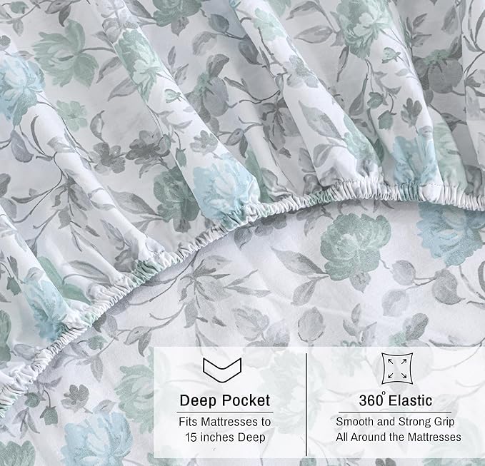 RUVANTI 100% Organic Cotton Sheets Queen Size, Percale Weave, GOTS Certified, 4-Piece Set, Deep Pocket 15", Crisp & Breathable, Soft Durable Bedding, Sábanas Algodón Orgánico – Cold Chrysanthemum