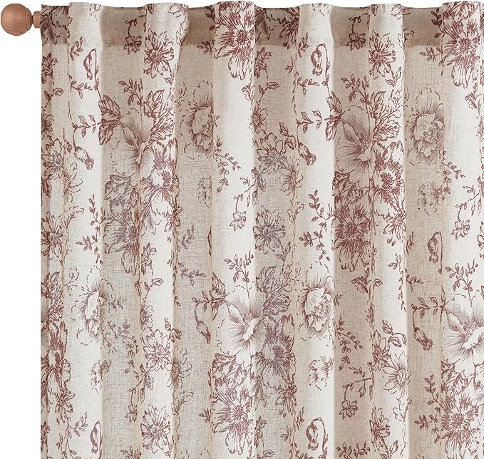 jinchan Linen Blend Curtain Floral Curtains for Living Room 63 Inch Length Christmas Brick Red Printed Curtain Back Tab Farmhouse Peony Flower Patterned Drapes Bedroom Window Curtains Set 2 Panels