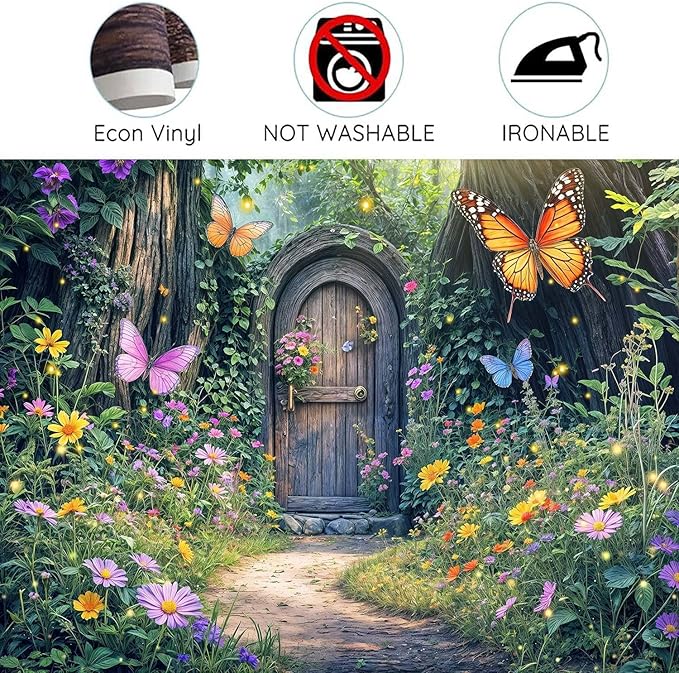 5X3ft Enchanted Forest Backdrop Fairy Enchanted Wonderland Garden Wooden Door Floral Butterfly Photography Background for Kids Girls Baby Shower Birthday Party Decoration Banner Booth Props