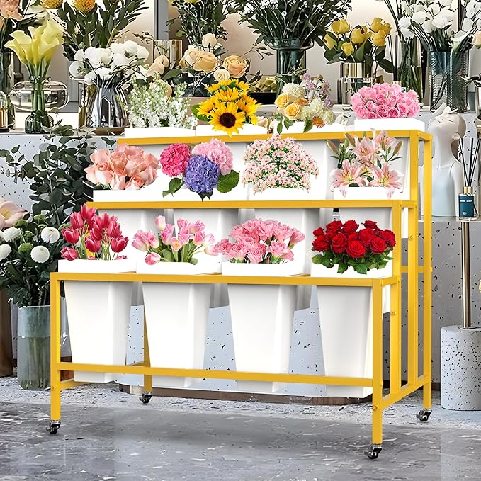 Flower Display Stand with 12 Buckets, Flower Cart 3 Layers Gold Metal Flower Bar Stand with Wheels, Moving Florist Bouquet Shelf for Weddings Florist Indoor Outdoor Patio Garden Living Room