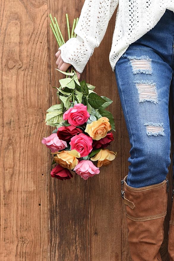 FiveSeasonStuff Fake Roses Wedding Flowers Real Touch Silk Medley Rose Mix Artificial Flowers (Yellow, Dark Red, Coral Pink, Pink) 12 Stems