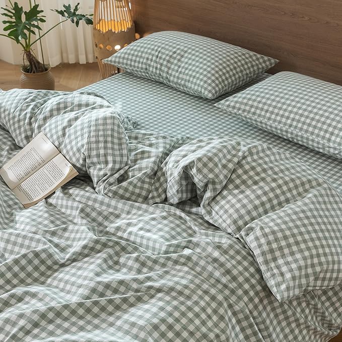 MooMee Gingham Duvet Cover Set 100% Washed Cotton Linen Like Textured Breathable Durable Soft Comfy Modern Checkered Design (Sage Green Gingham, Twin 68"x90")