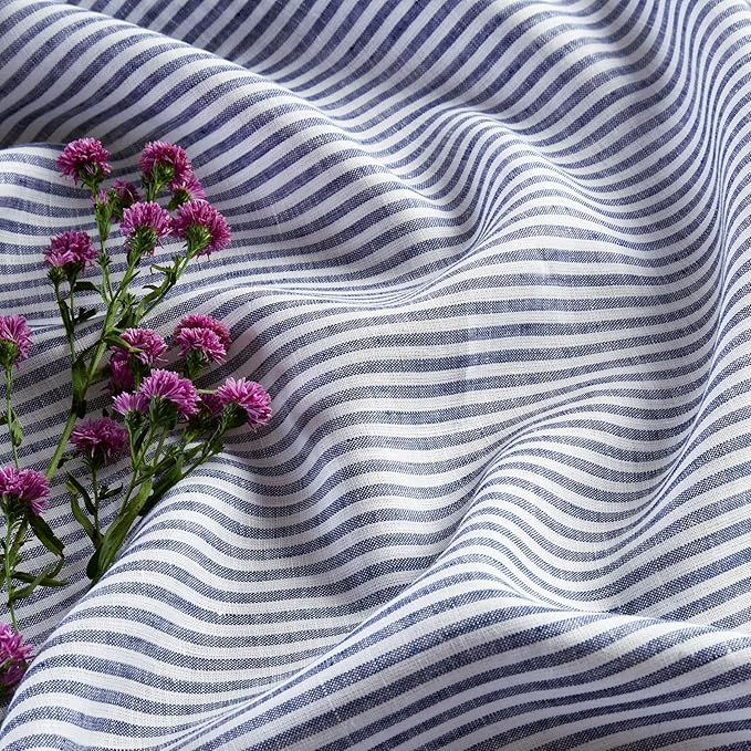 Solino Home Linen Striped Table Runner 60 Inches - Narrow Stripe, 100% Pure Linen Navy and White Small Table Runner 14 x 60 Inch Ideal for Dresser and Coffee Tables - Spring, Easter