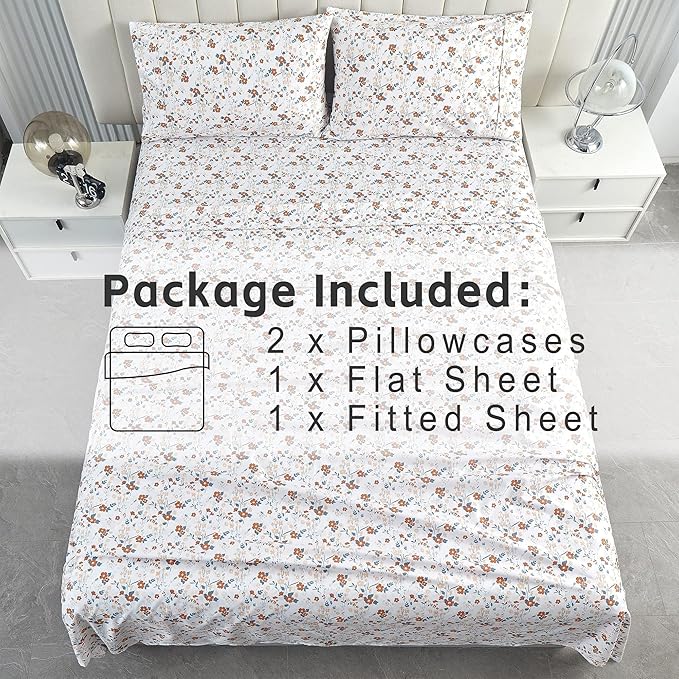 Softan Floral Queen Sheet Set Orange Flower Printed Bed Sheets - 4 Piece Soft Microfiber Patterned Fitted Sheets with 15" Deep Pocket and Corner Straps, Cute Spring Sheets & Pillowcase Set