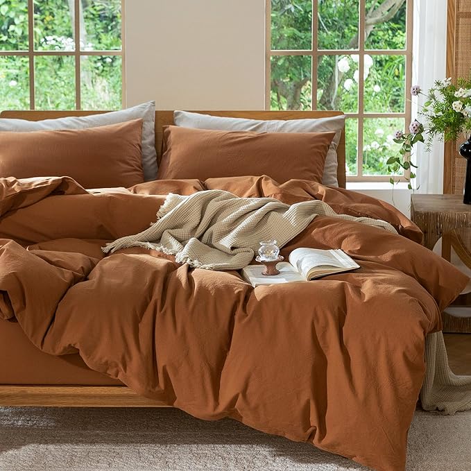 MooMee Bedding Duvet Cover Set 100% Washed Cotton Linen Like Textured Breathable Durable Soft Comfy (Solid Dark Orange, Super King Plus 120"x120")